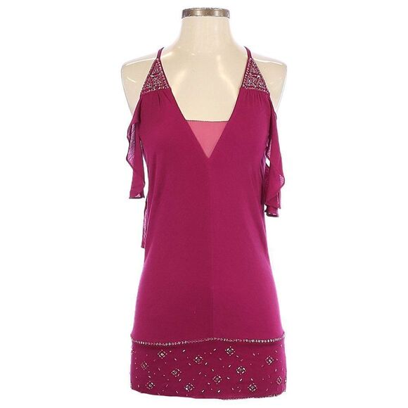 Marciano Tops - Marciano Boho Cold Shoulder Flutter Sleeve Fuchsia Knit Beaded Blouse Size XS